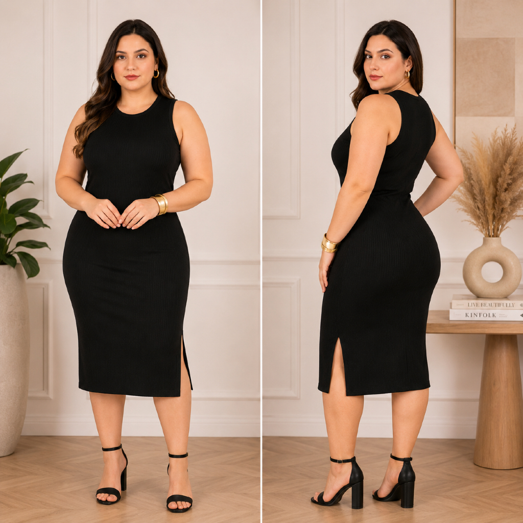 Vestido Midi prático & sexy, regata com Fenda lateral